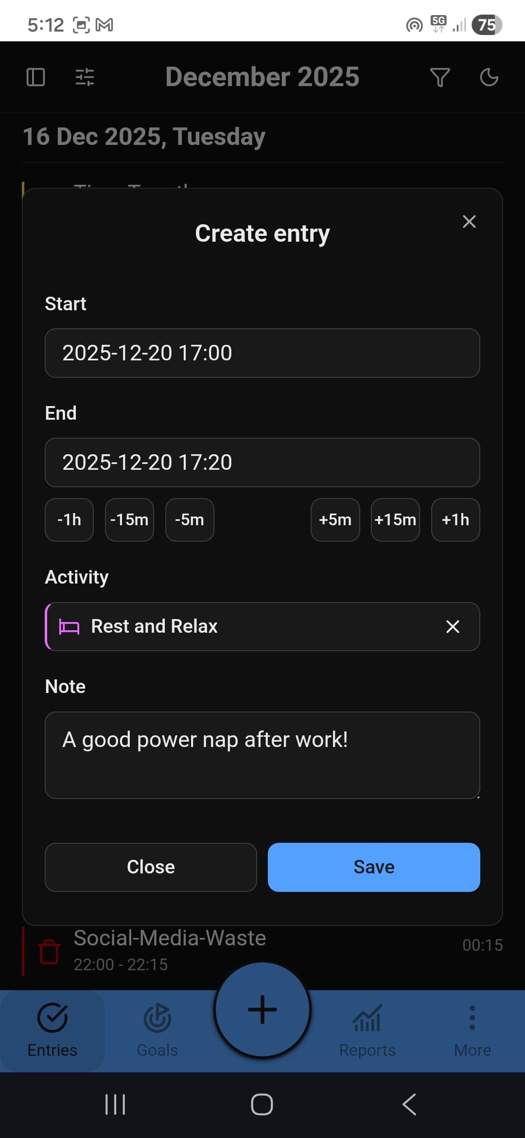 Entry creation form for logging time with activity selection, start/end times, and optional notes