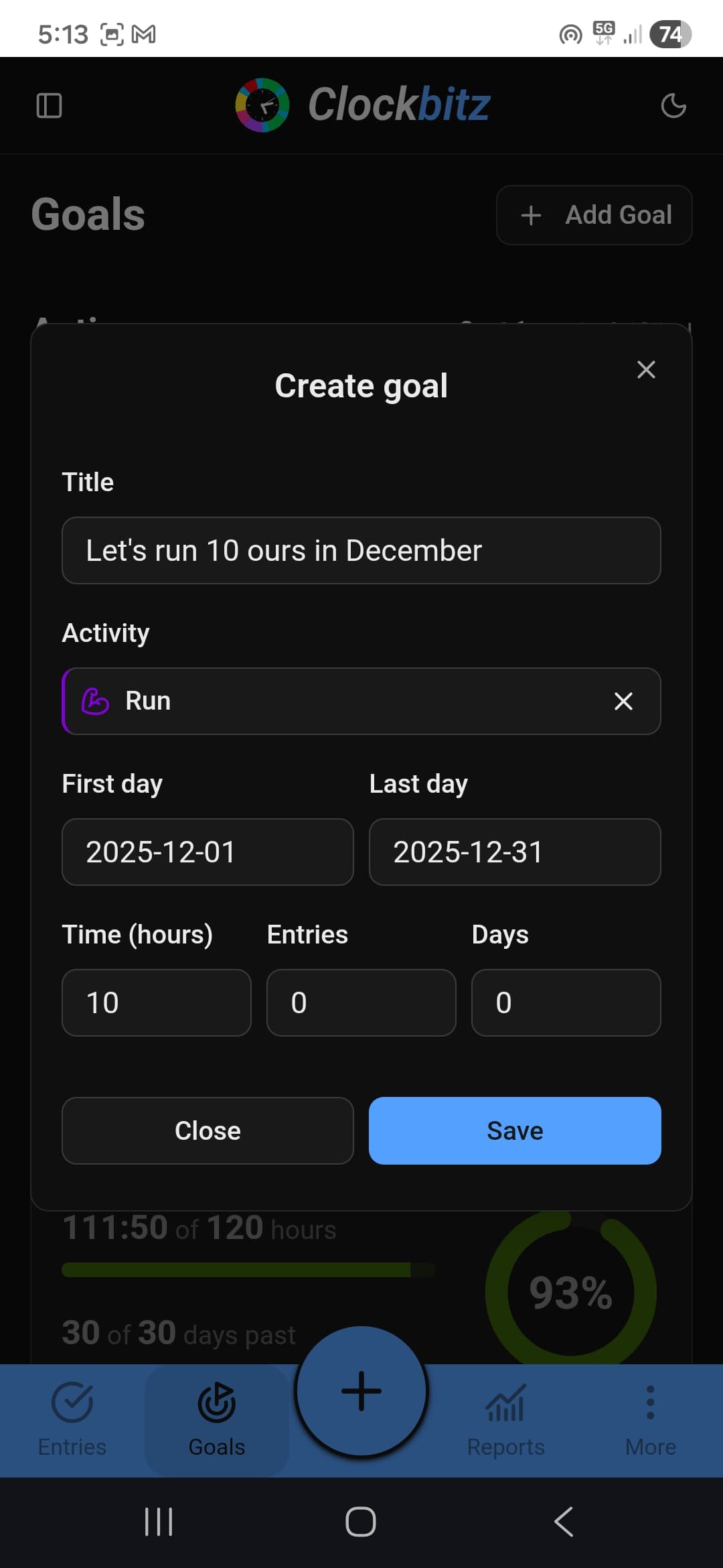 Goal creation form with activity selection, time period, and target metrics